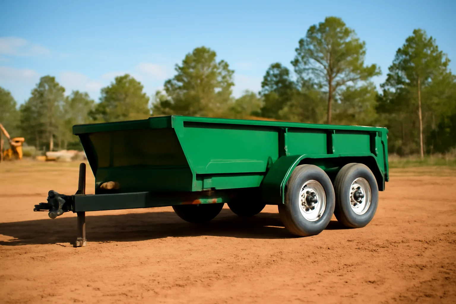Tandem-axle dump trailer parked on red clay soil at a rural Alabama rental yard