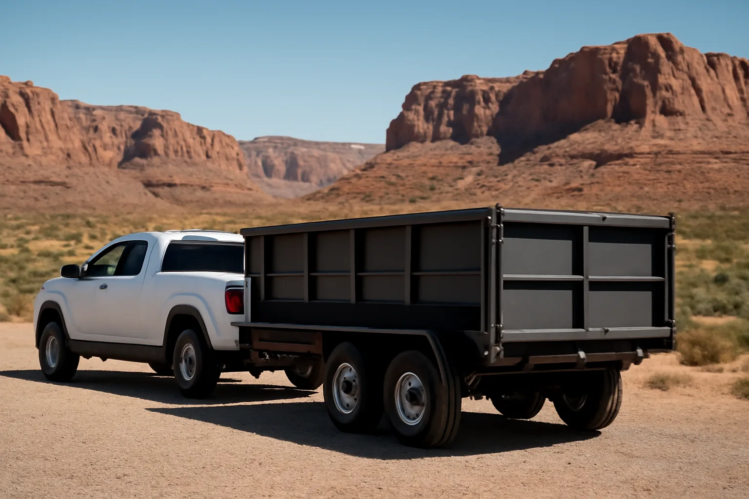 Dump trailer hitched to pickup truck on a gravel lot in the Arizona desert