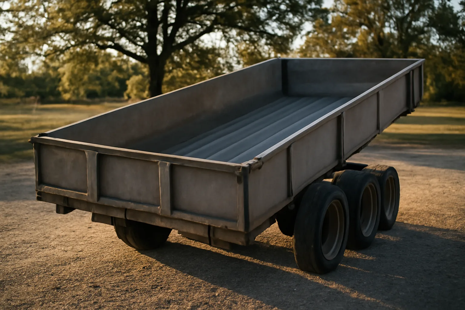 Steel dump trailer on a gravel yard in rural Arkansas afternoon light