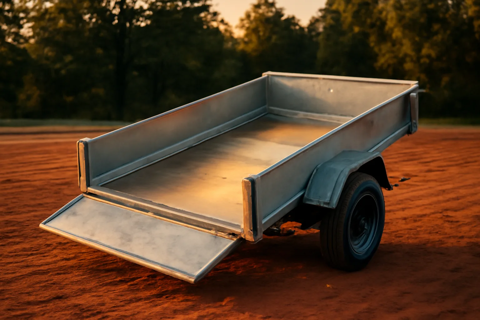 Empty dump trailer parked on Alabama red clay soil at golden hour