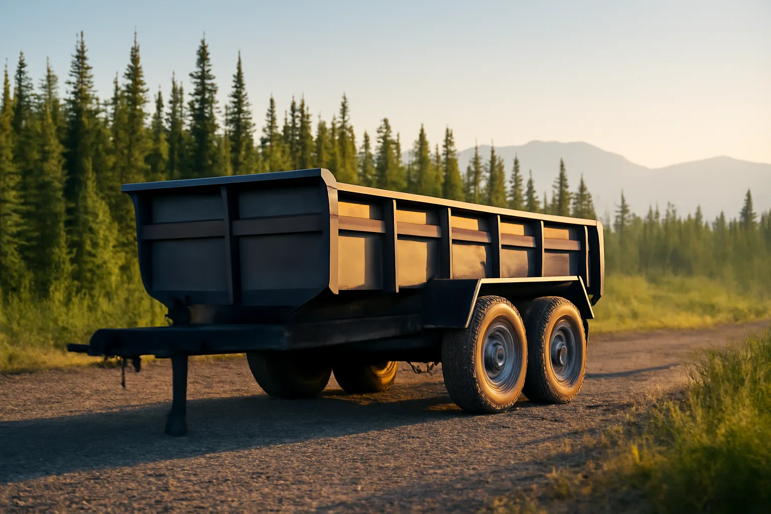 Tandem-axle dump trailer on a gravel road in interior Alaska with spruce forest