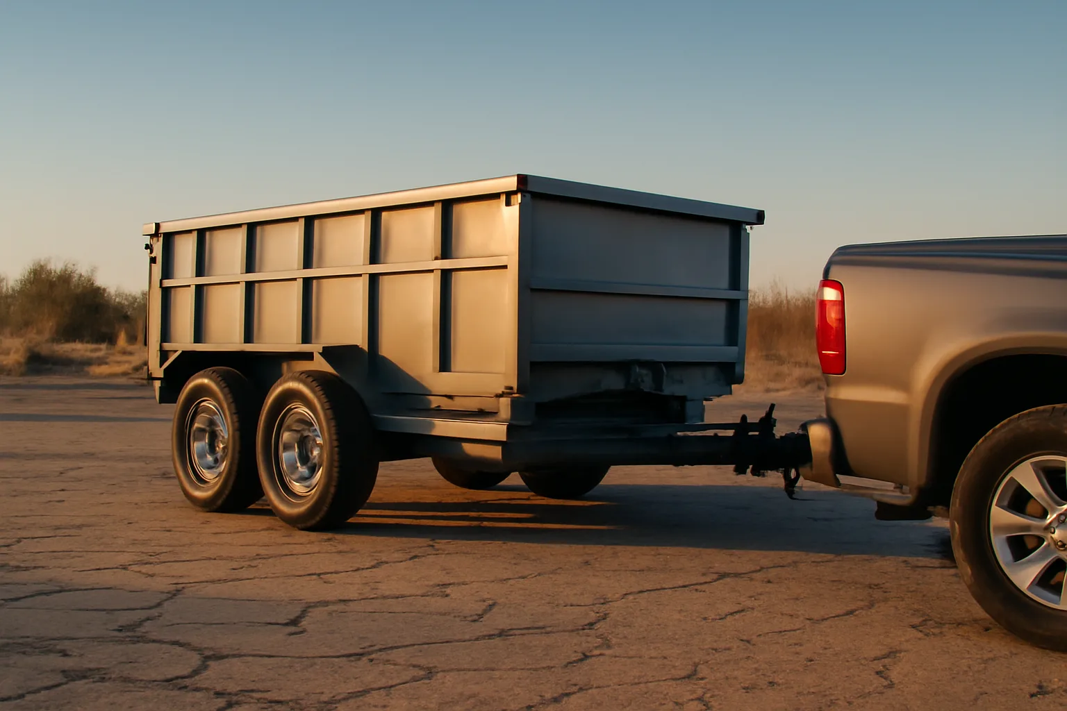 Dump trailer hitched to a pickup truck on desert pavement in Arizona afternoon light