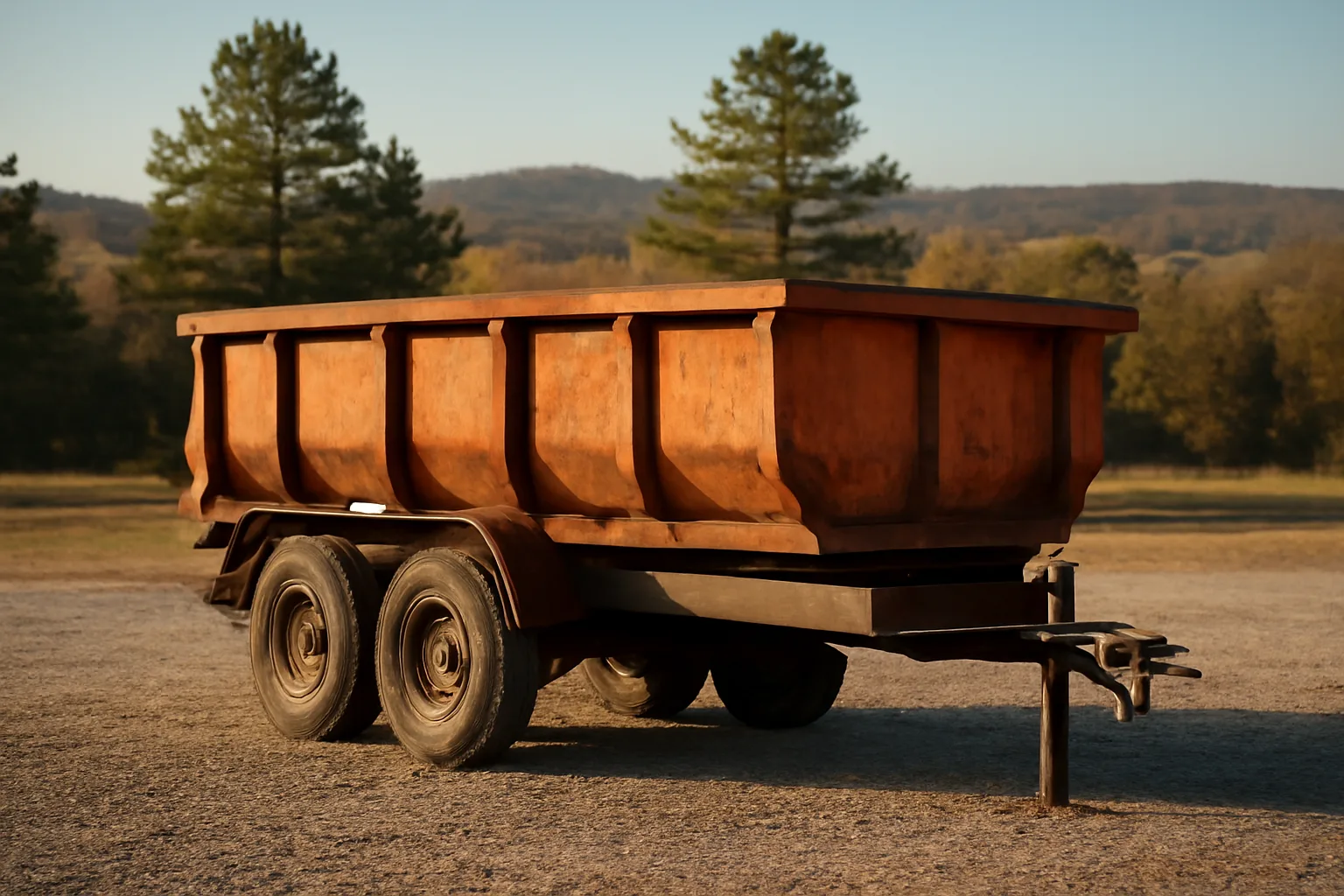 Steel dump trailer on a gravel lot in rural Arkansas with pine trees in the background
