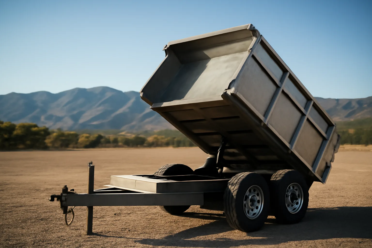 Dump trailer with raised bed on a gravel lot in California afternoon sun