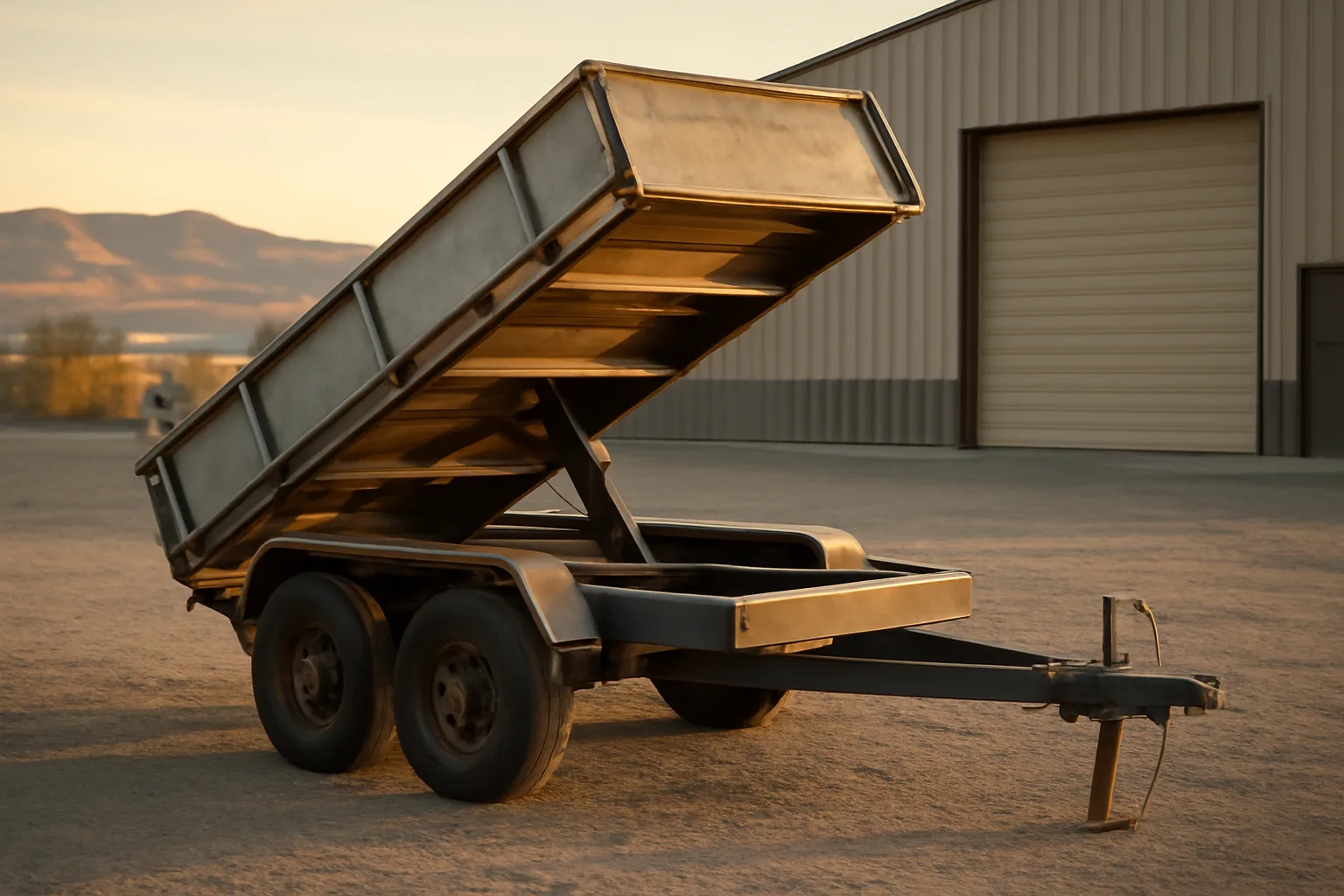 Raised steel dump trailer on a Colorado Front Range gravel lot
