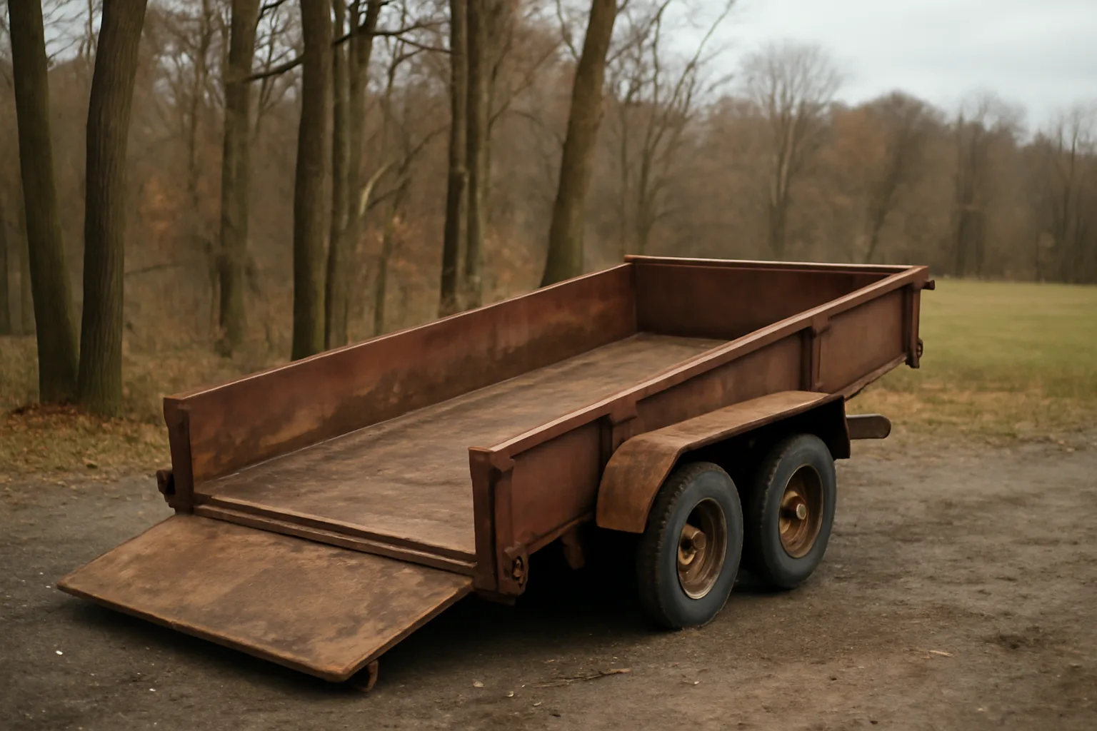 Weathered dump trailer parked on gravel beside Connecticut hardwoods