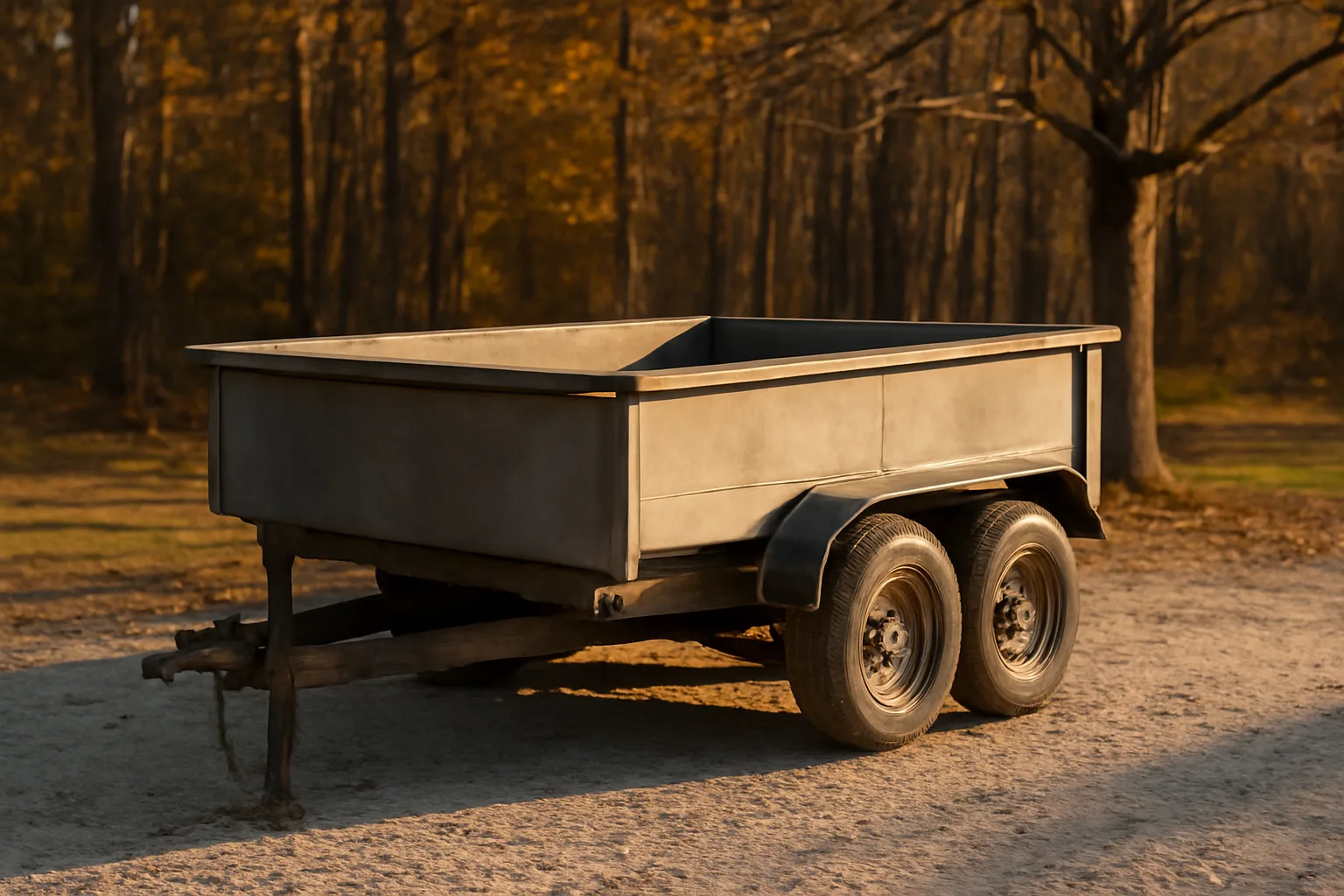Empty dump trailer on crushed stone beside bare Delaware hardwoods