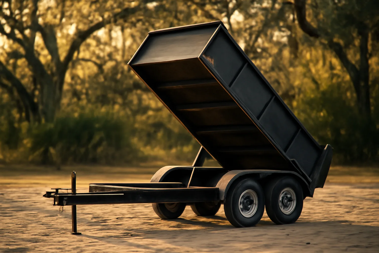 Unbranded dump trailer in a sandy Florida lot at sunset