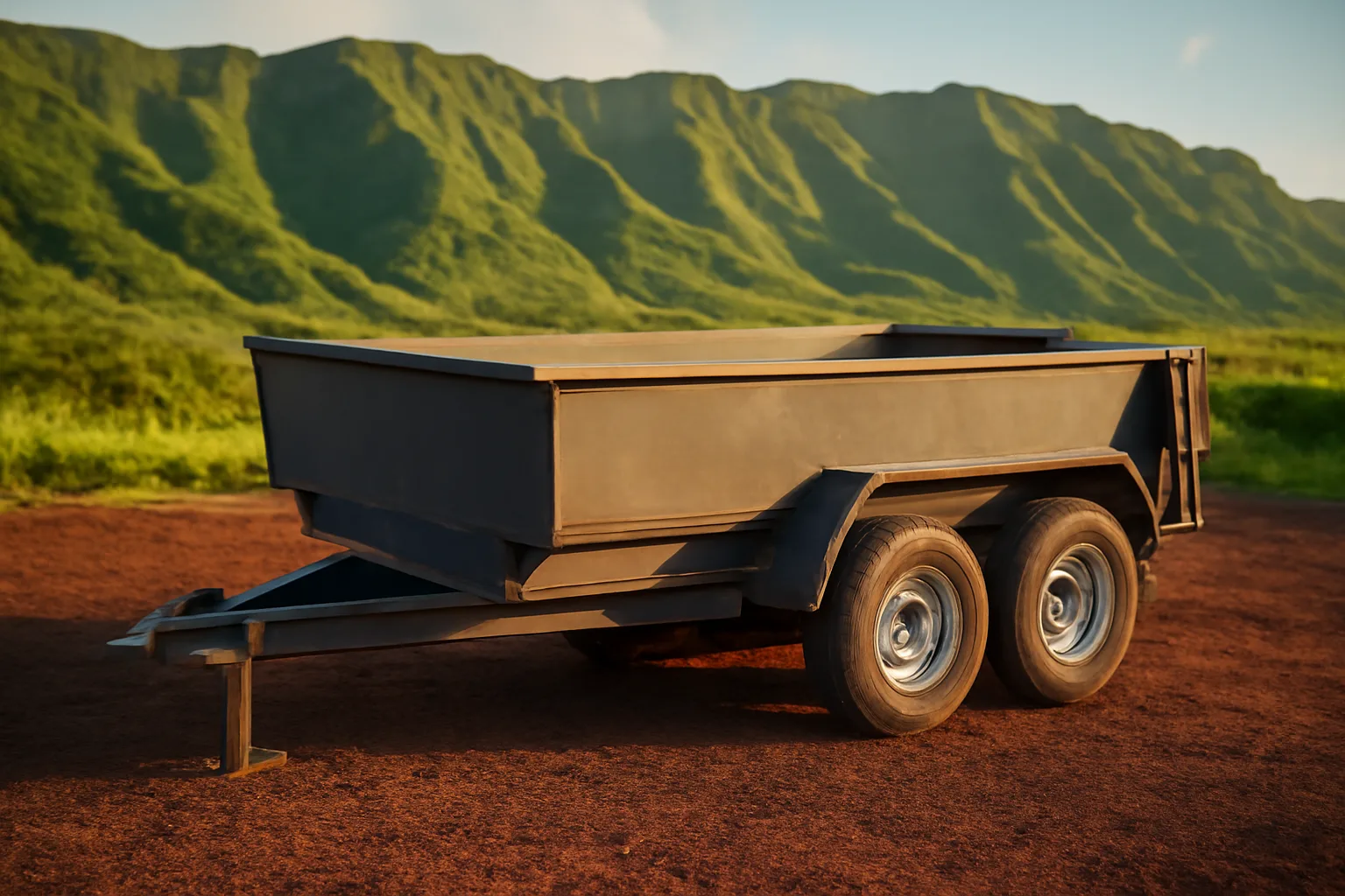 Empty dump trailer rental unit on volcanic soil in Hawaii