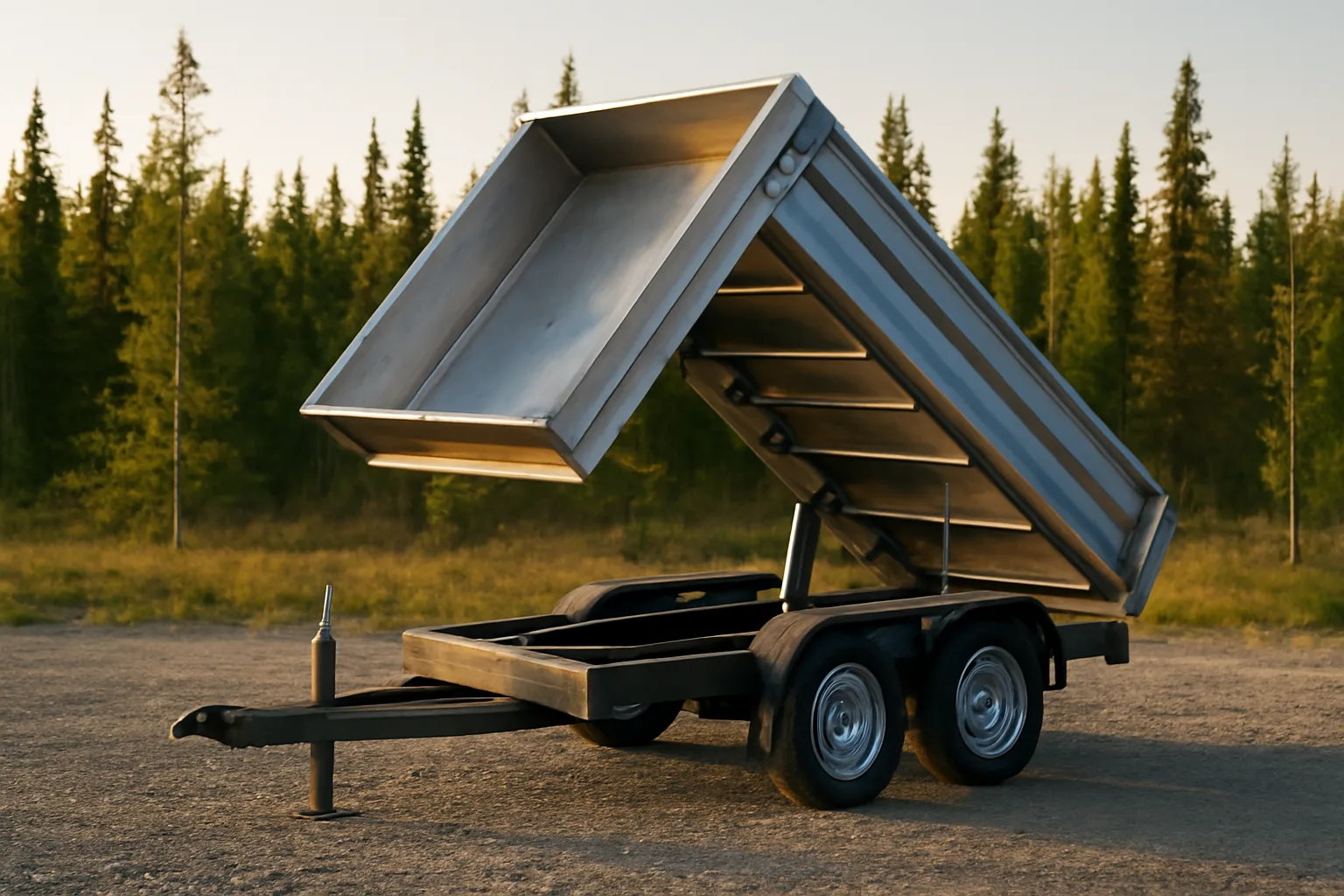 Steel dump trailer with raised bed parked on gravel near Alaska boreal forest