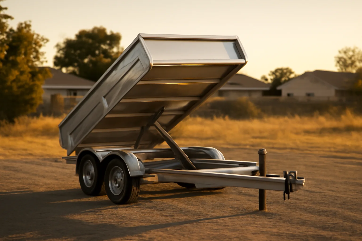 Silver dump trailer with raised bed on a California residential gravel lot at sunset