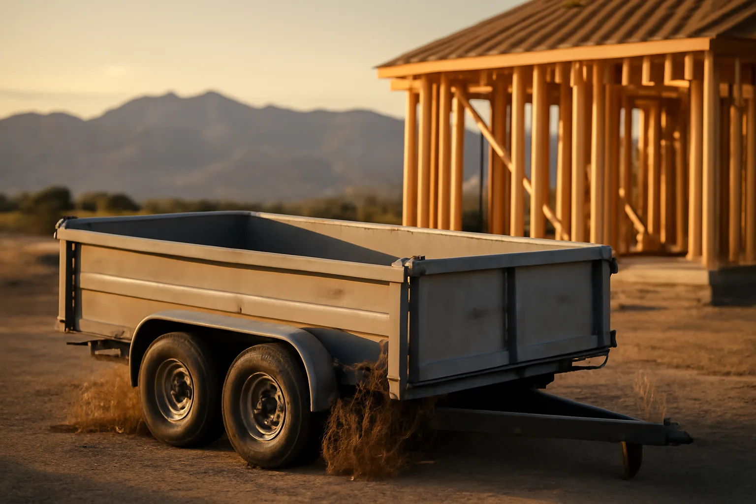 Empty dump trailer on a Colorado lot for weekend rental