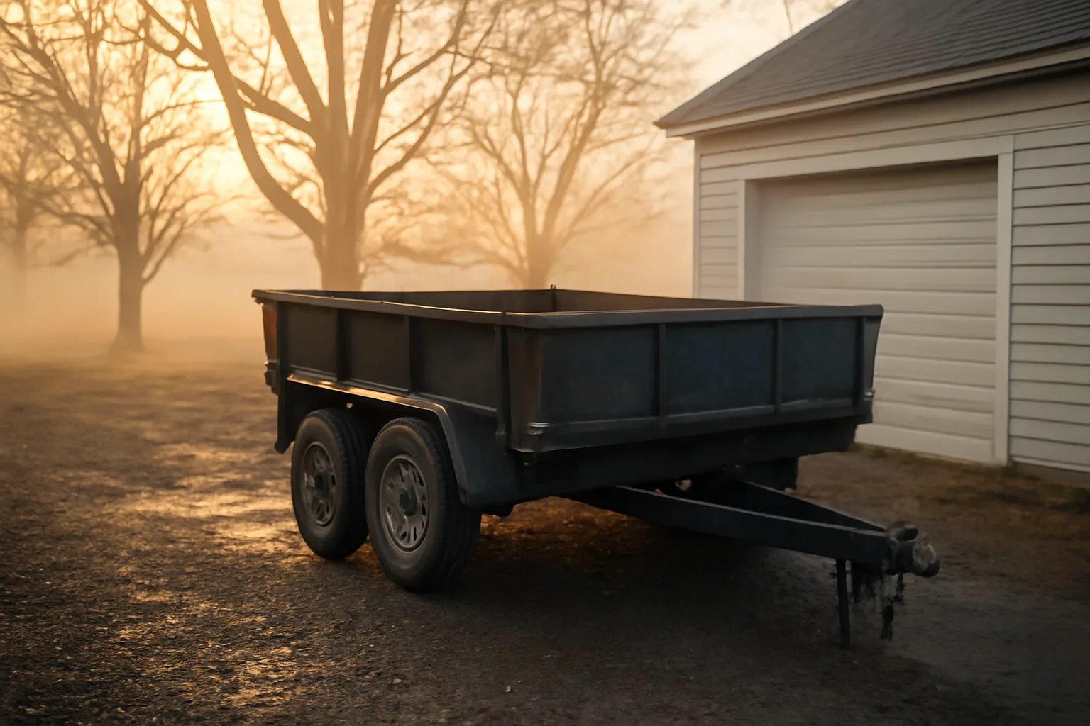 Unmarked dump trailer on wet gravel beside a Connecticut garage at dawn