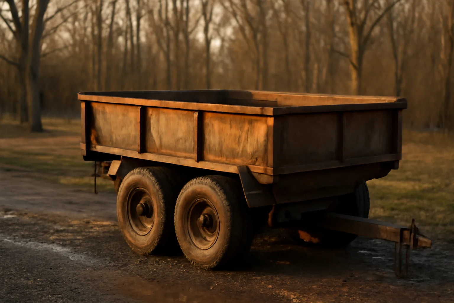 Empty dump trailer on gravel in rural Delaware afternoon light