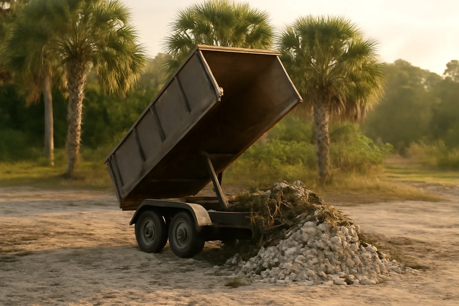 Unlettered dump trailer raised on a sandy Florida lot