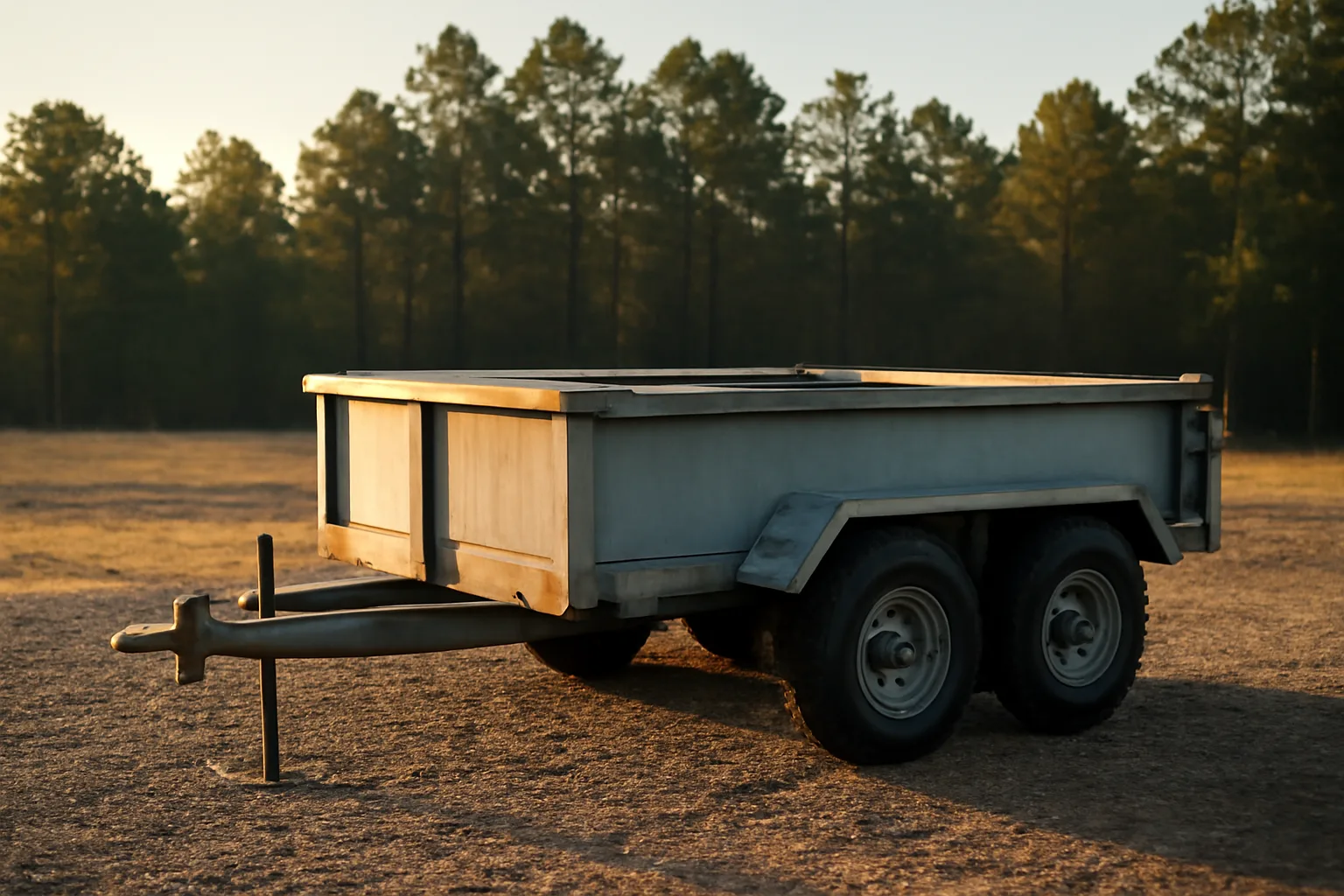 Empty steel dump trailer parked on gravel lot in rural Alabama morning light