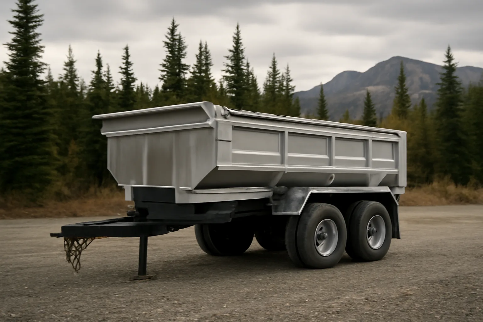 Empty dump trailer on gravel lot with spruce trees and Alaska mountains behind