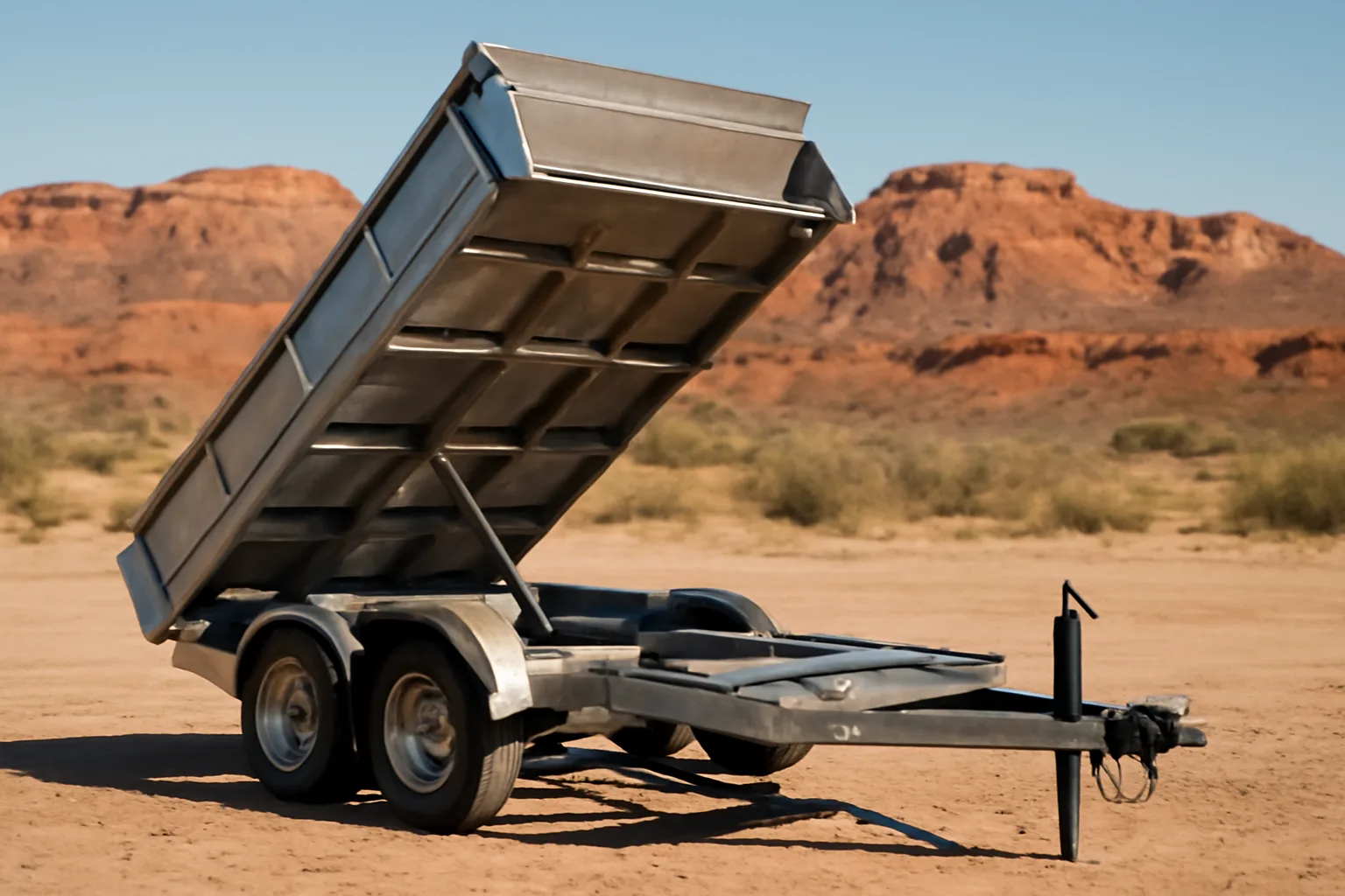 Raised steel dump trailer at an Arizona desert construction site under bright morning sun