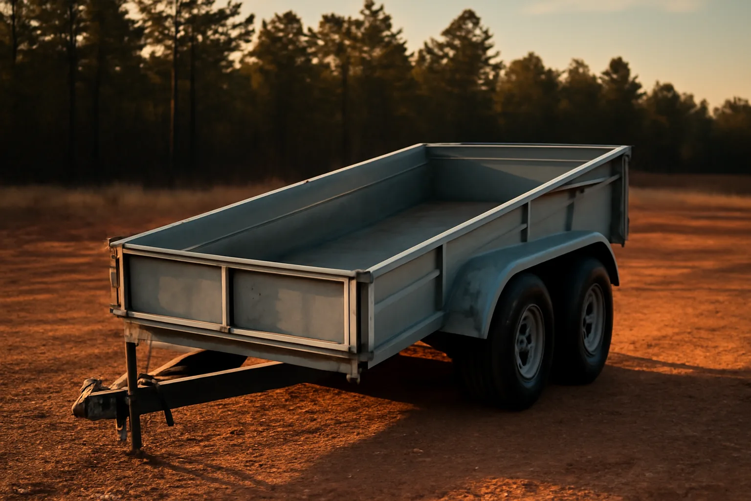 Dump trailer parked on a gravel lot in rural Arkansas at golden hour