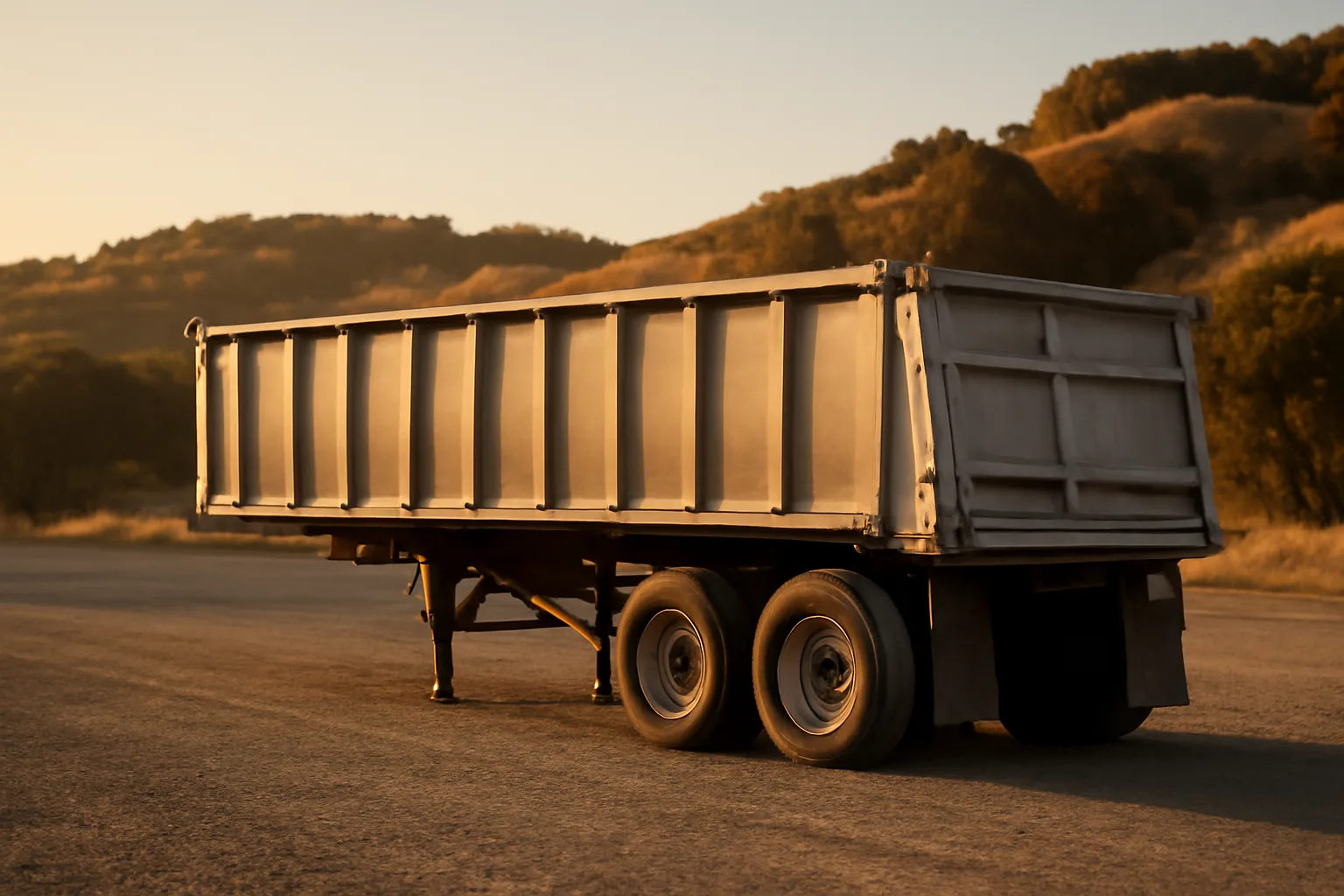A dump trailer parked on a gravel lot at golden hour in California