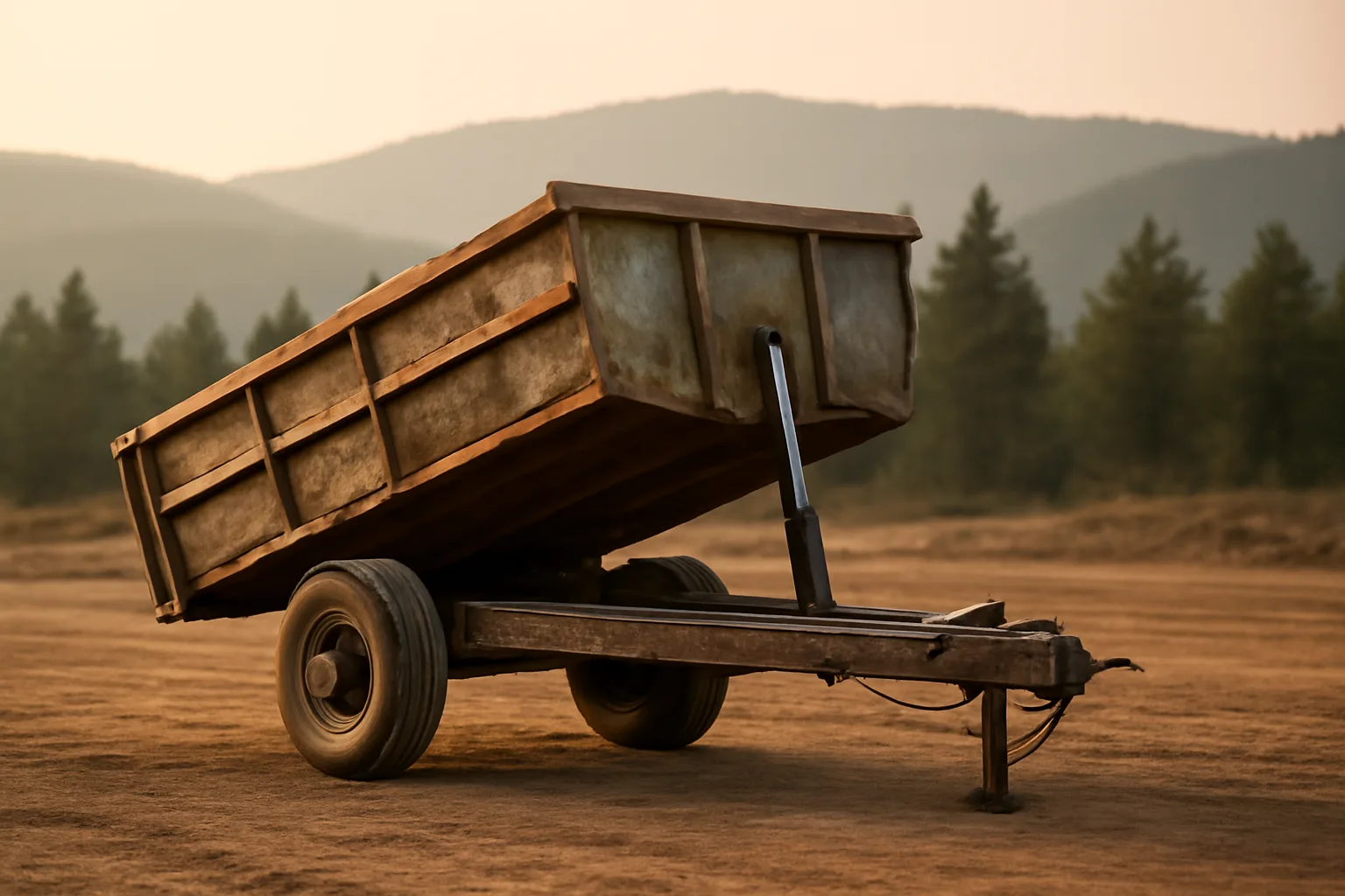Unmarked dump trailer parked on dirt in Colorado evening light