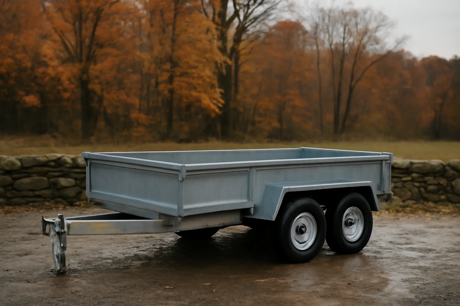 Steel dump trailer parked on wet gravel near Connecticut woods
