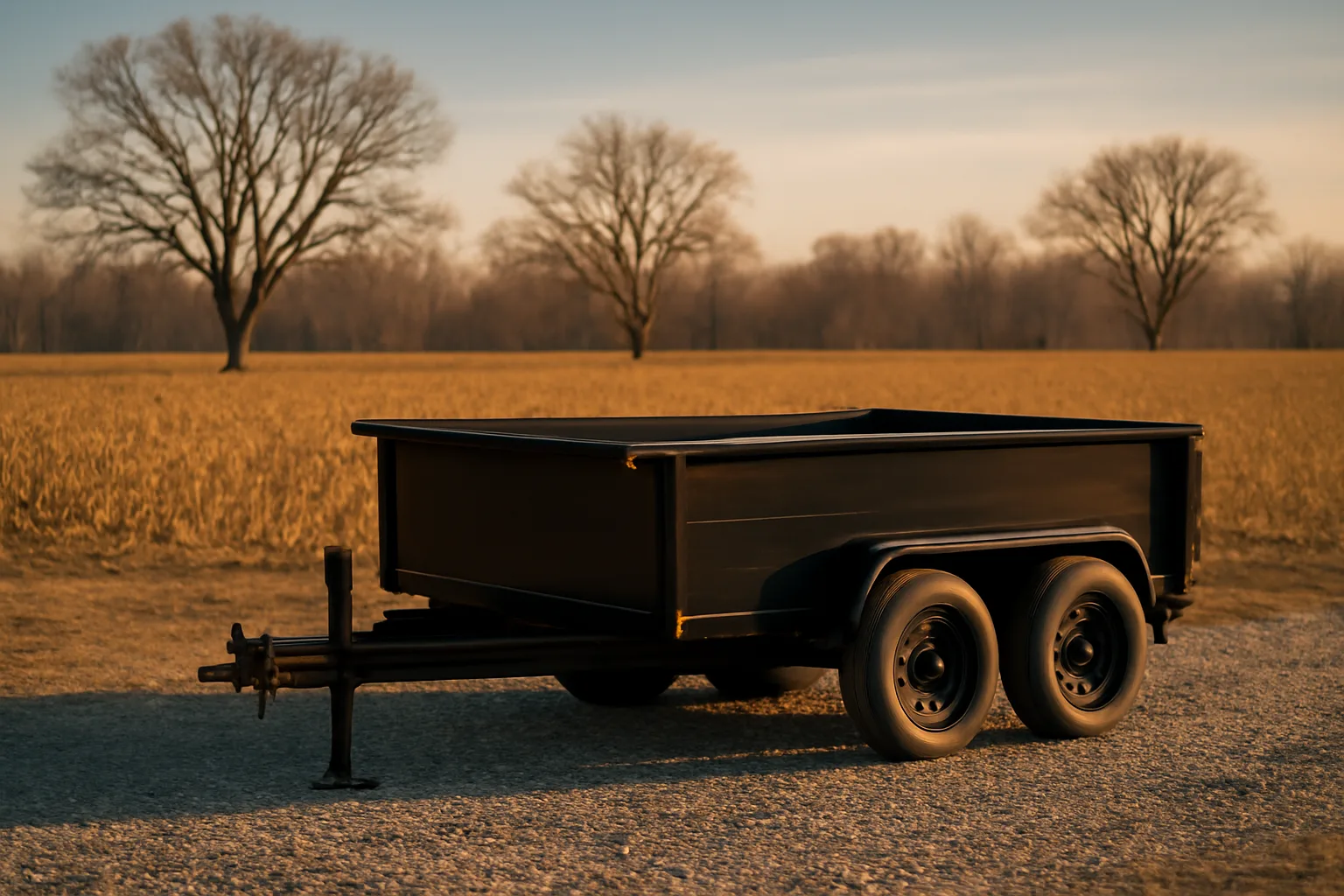Charcoal dump trailer on gravel beside a dormant Delaware field