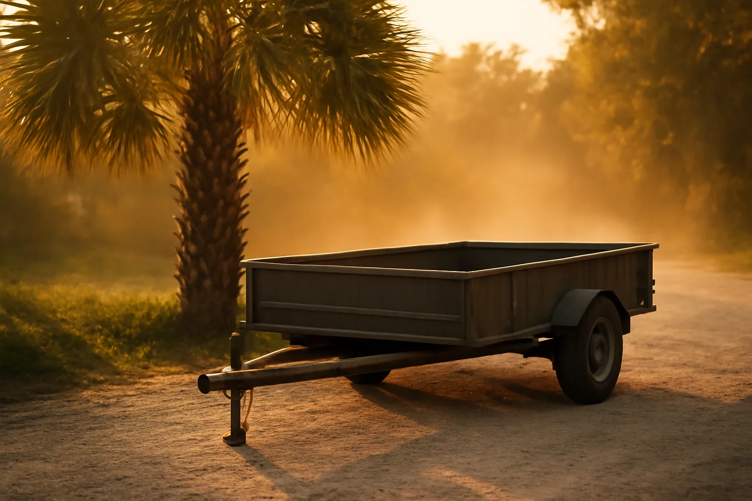 Empty steel dump trailer on a Florida shell driveway at sunset