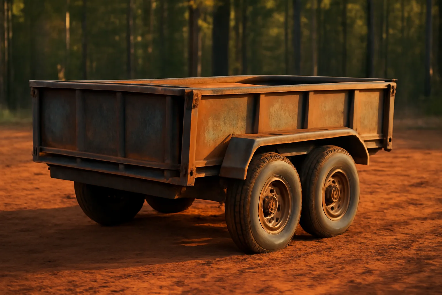 Empty dump trailer parked on red Georgia clay in afternoon light