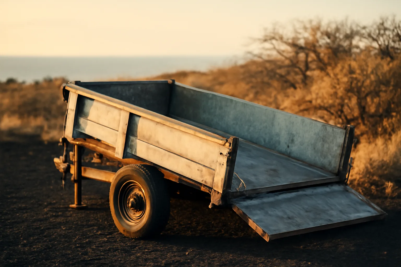 Empty dump trailer for Hawaii rental parked on lava rock