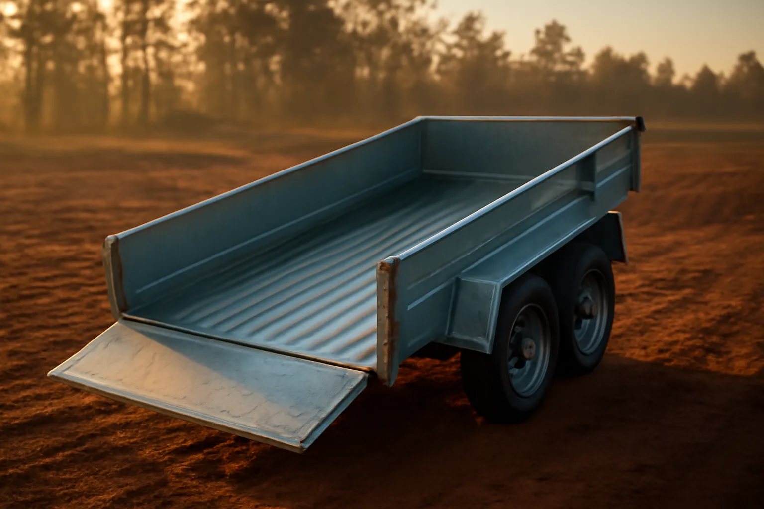 Empty dump trailer parked on Alabama clay soil at dawn with pine trees behind