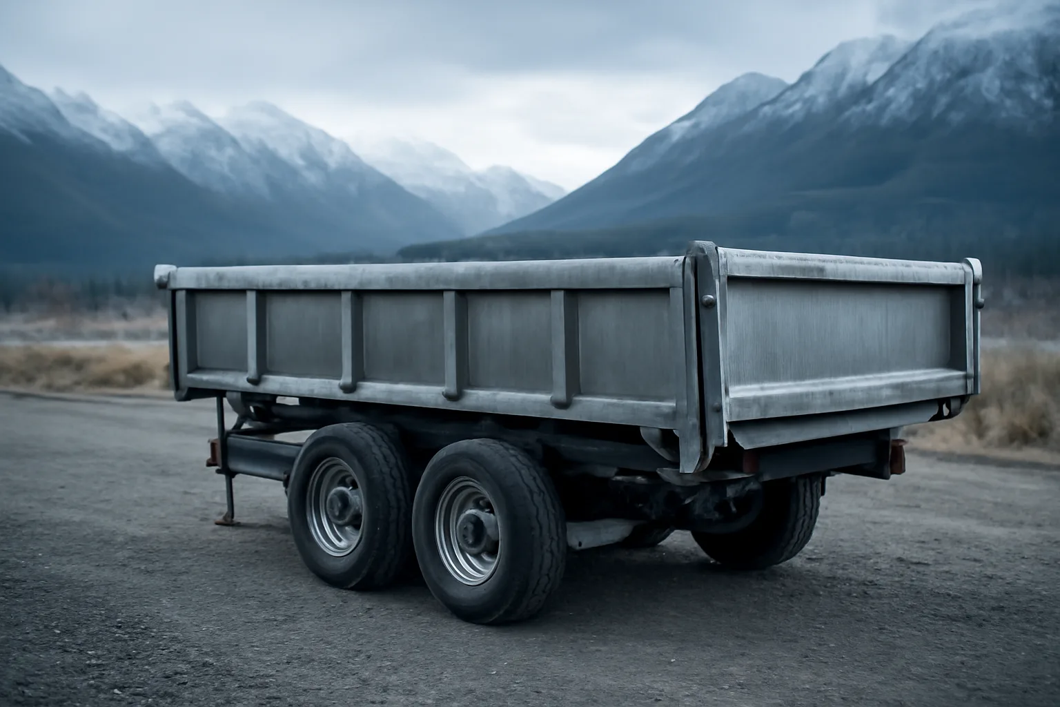 Dump trailer on a gravel lot in Alaska with mountains in background