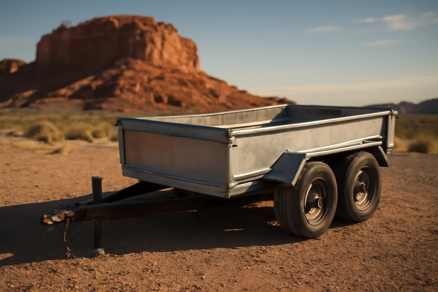 Steel dump trailer on Arizona gravel lot with red rock backdrop at sunset