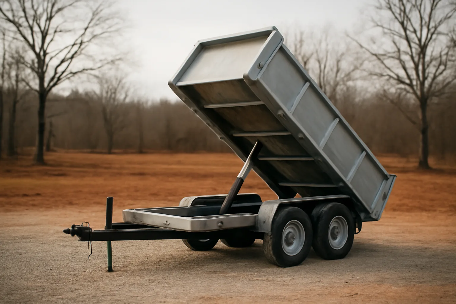 Raised dump trailer in a gravel lot under morning light in Arkansas