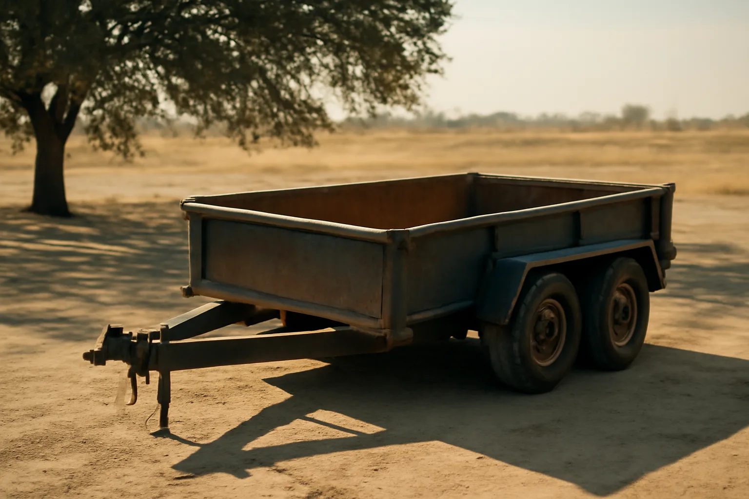 Unbranded dump trailer in a dry California lot at sunset