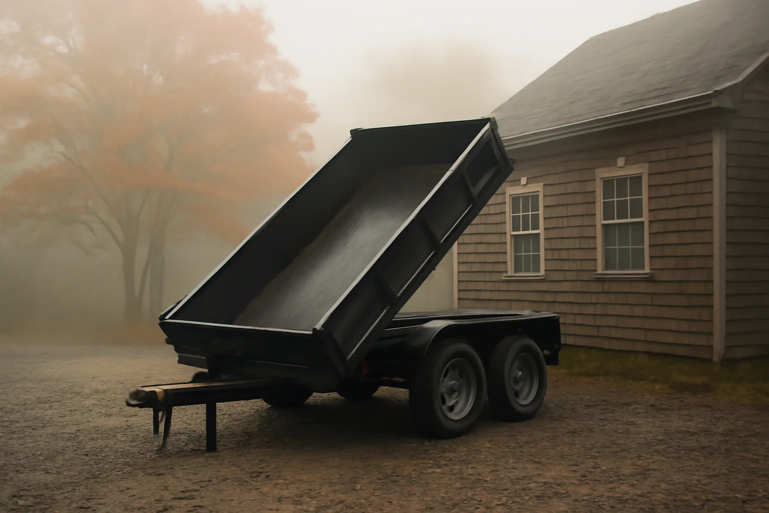 Dump trailer in a foggy Connecticut yard at sunrise
