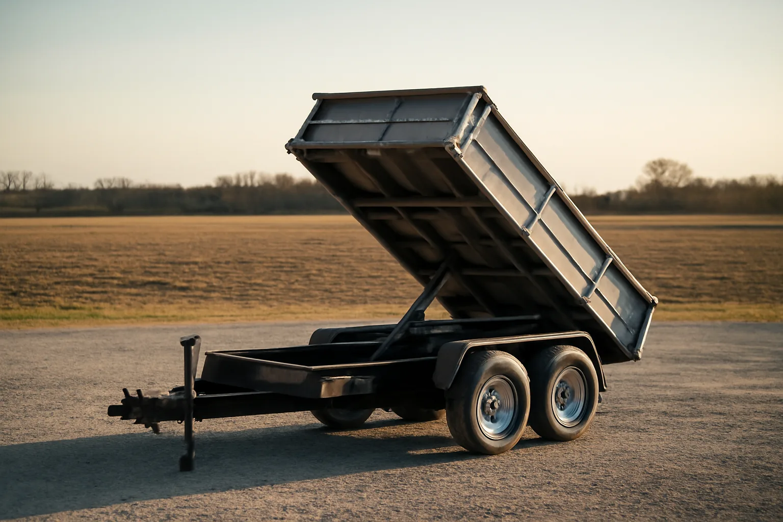 Dump trailer parked for rental on a Delaware gravel lot
