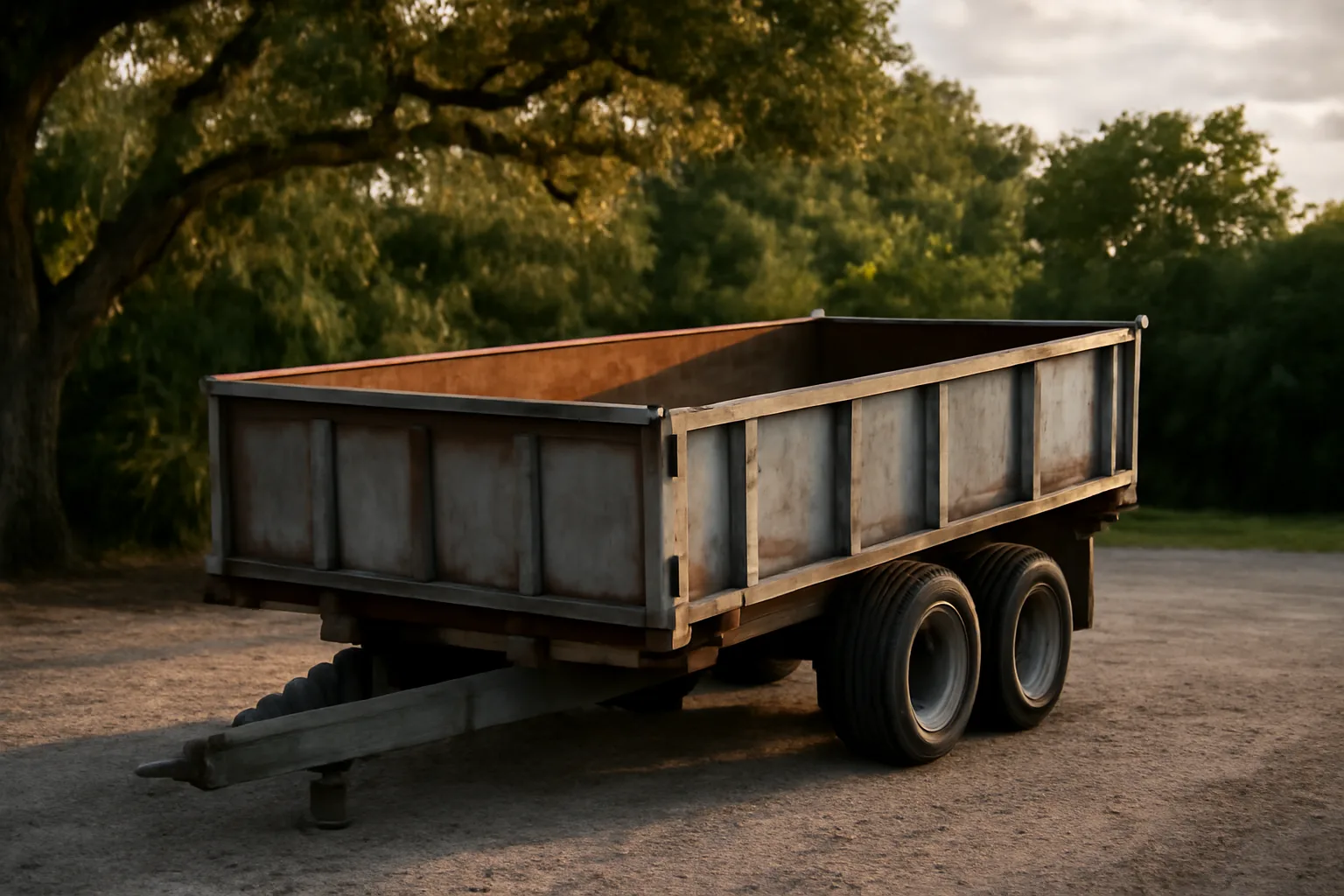Empty dump trailer used for rental in a Florida oak yard