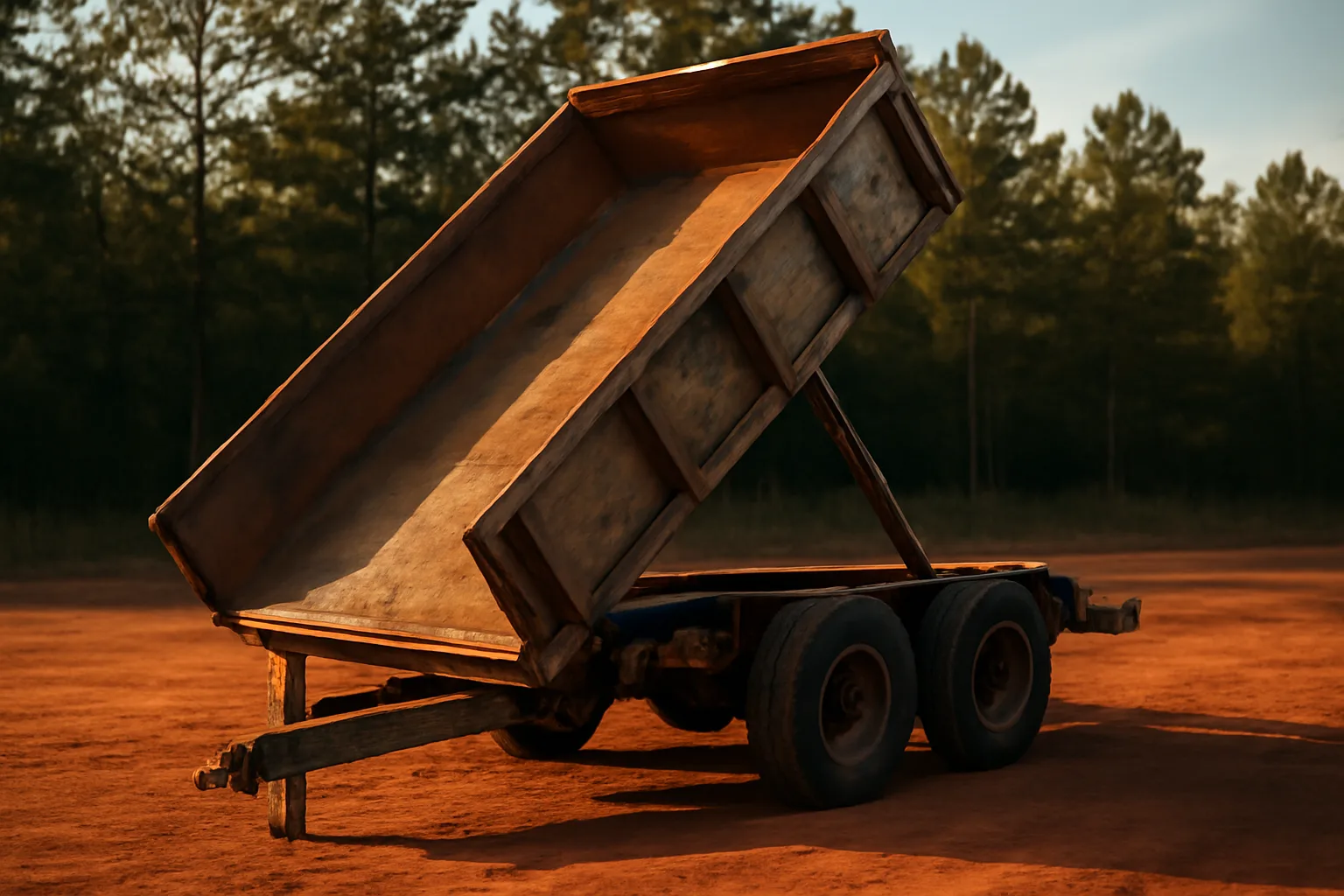 Steel dump trailer with raised hydraulic bed parked on Alabama red clay soil at sunset