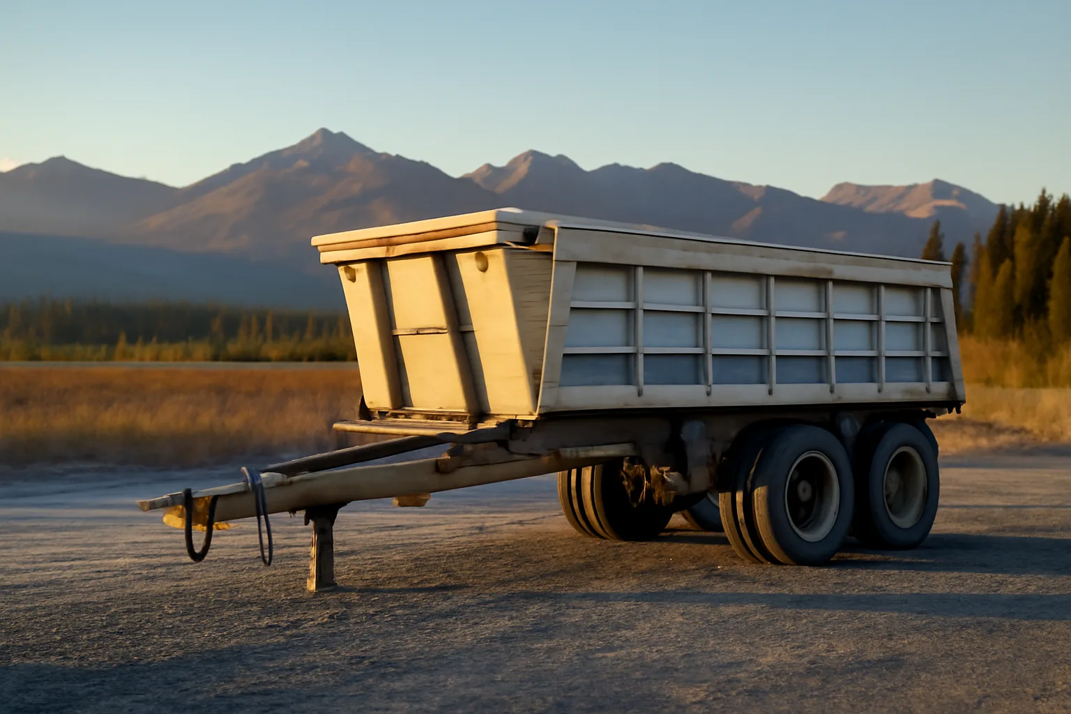 Dump trailer on a gravel lot in Alaska with mountains in the background