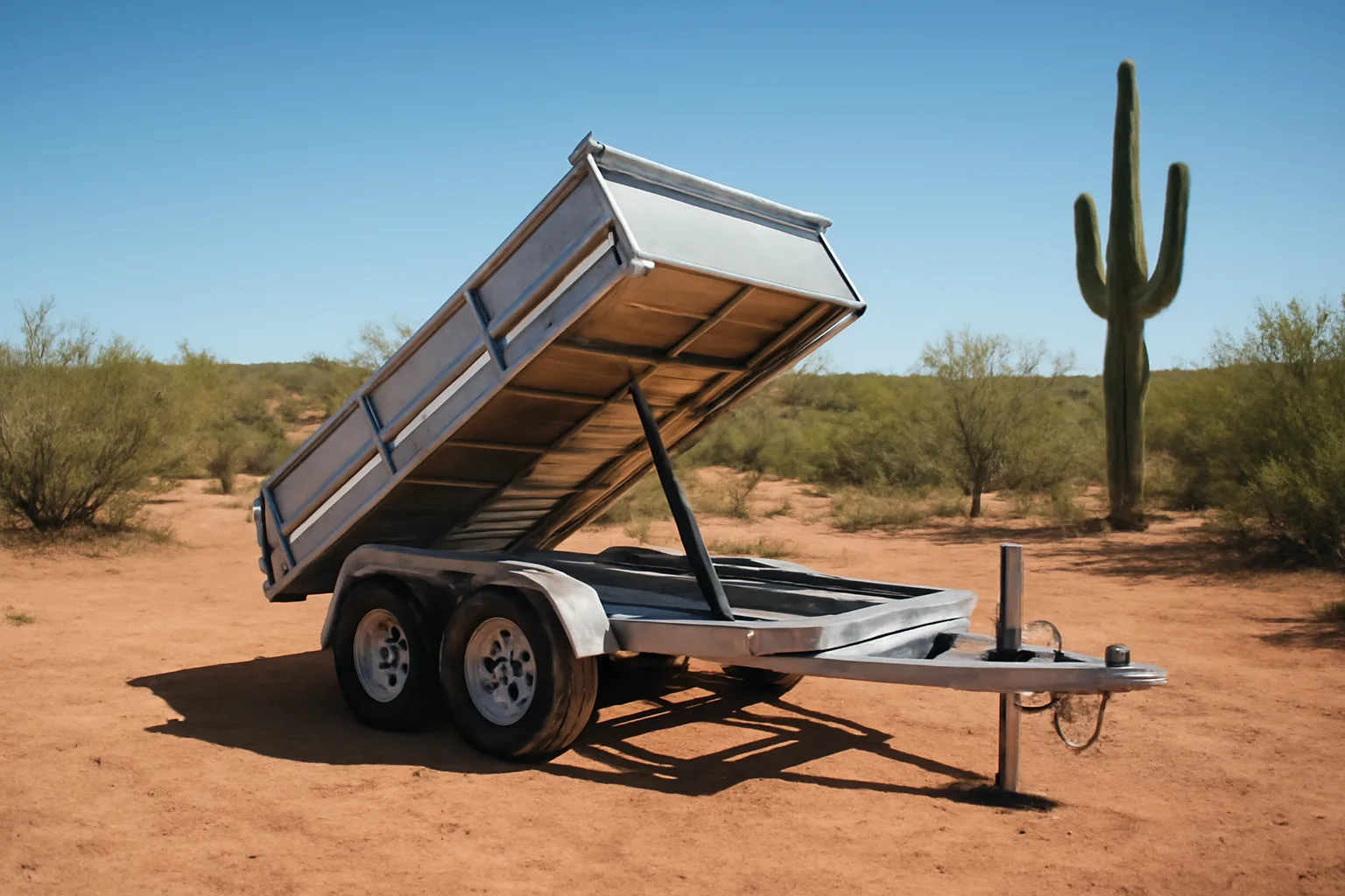 Silver hydraulic dump trailer parked on Arizona red dirt with Sonoran desert in background