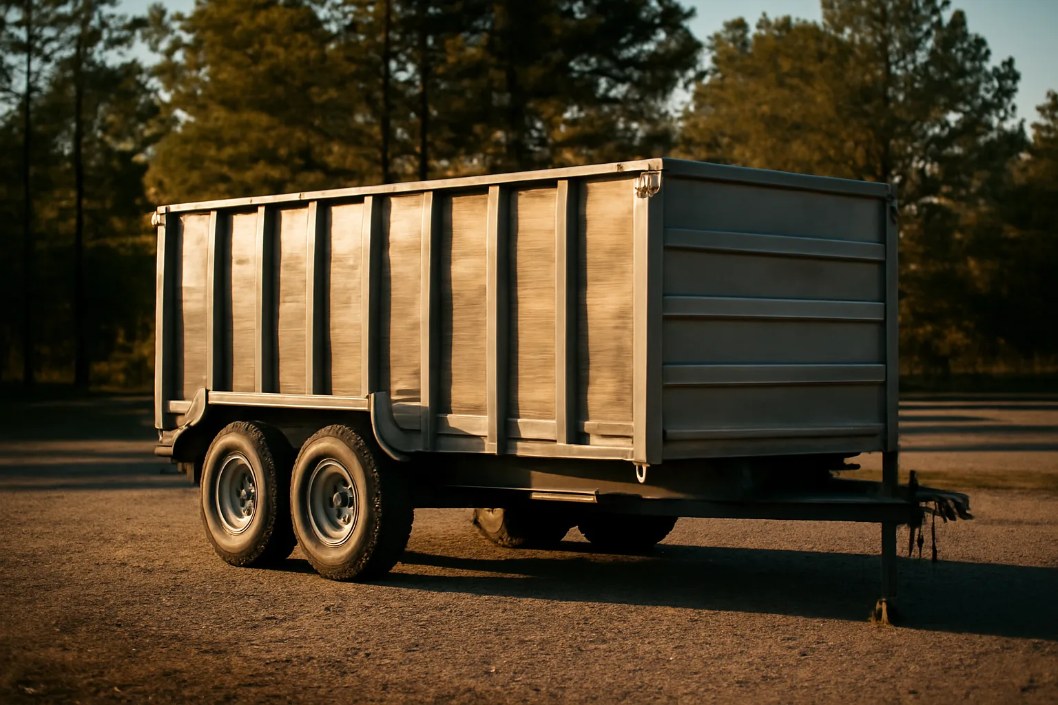 Empty steel dump trailer parked on gravel lot in rural Arkansas afternoon light