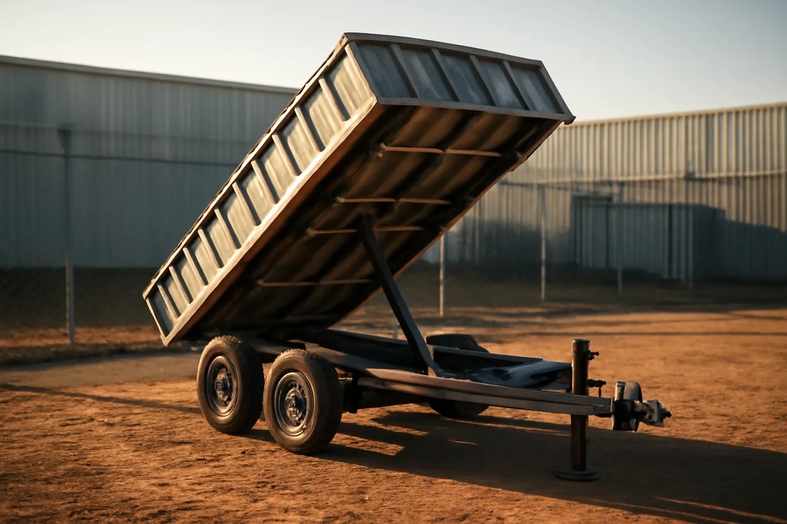A raised dump trailer parked in a California storage yard at late afternoon