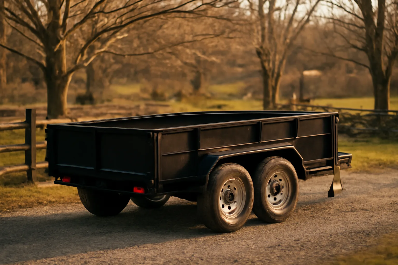 Dump trailer for rental parked on gravel in rural Connecticut