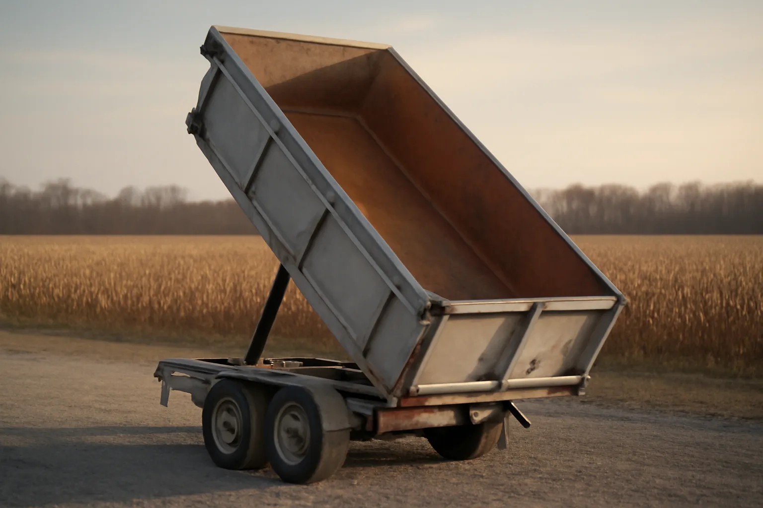 Steel dump trailer raised in a rural Delaware gravel lot