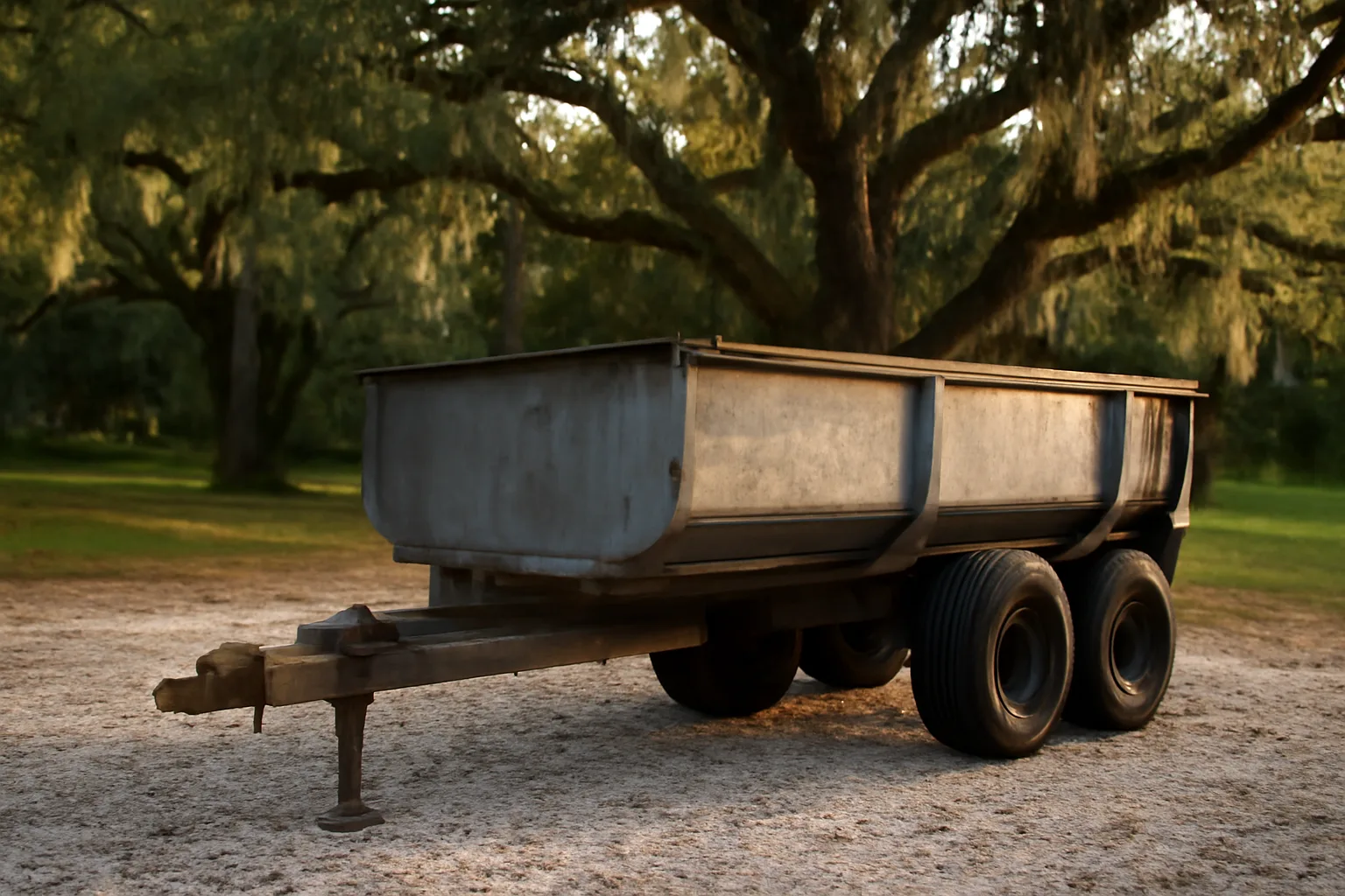 Unmarked dump trailer staged for rental under Florida live oaks