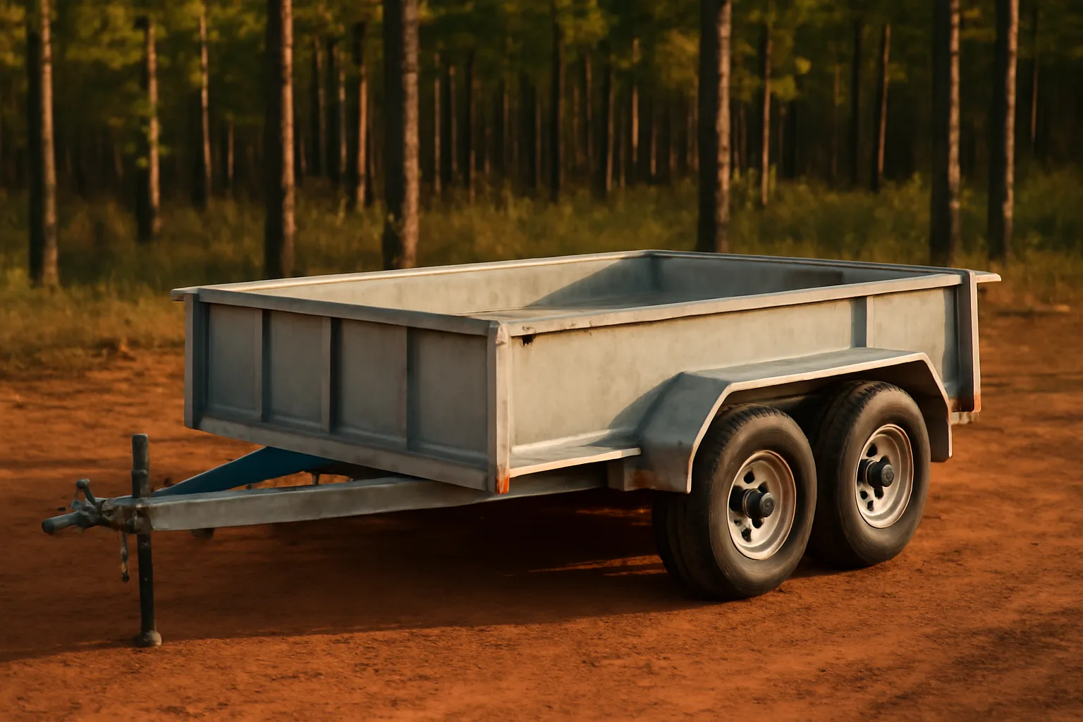 Bare dump trailer on red Georgia clay beside pine trees