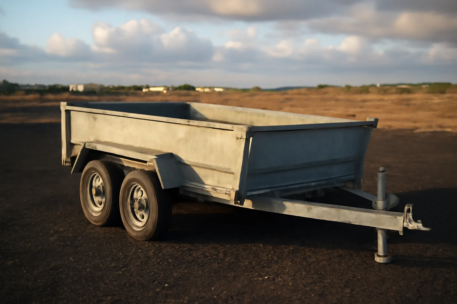 Bare dump trailer on crushed lava rock in Oahu afternoon light